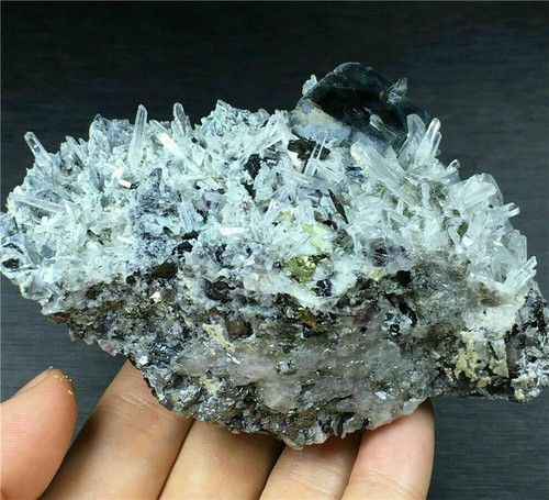 Natur Purple/Blue CUBE FLUORITE & Clear Quartz Crystal Cluster/Chalcopyrite 311g - Picture 5 of 9