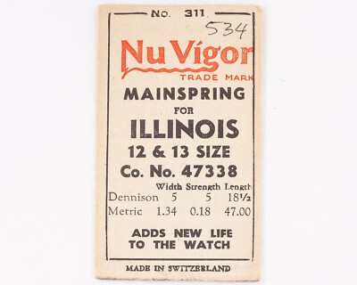 Vintage Original Nu Vigor Mainspring No. 47338 for 12s Illinois Pocket Watches