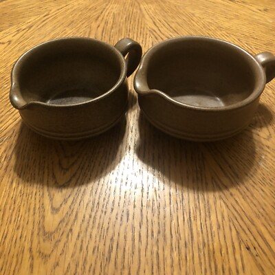 Denby Pottery Mug Pair Hall Artistone Handcrafted tan brown short England Stack