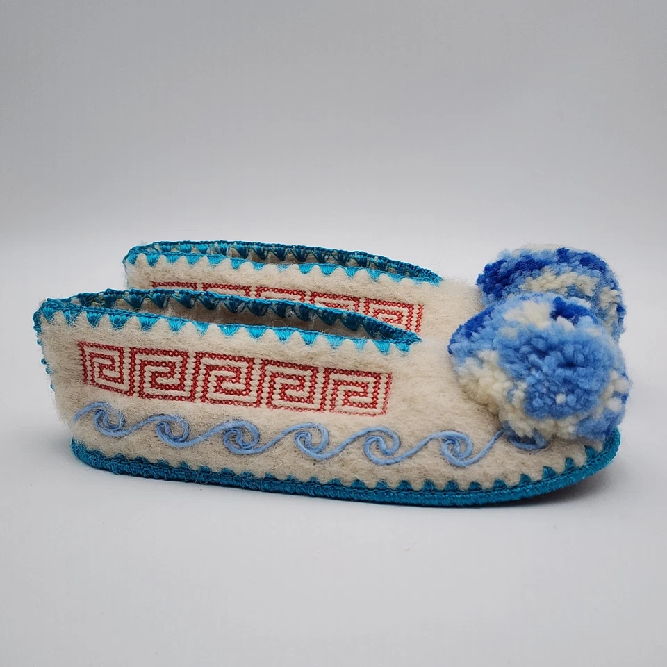 Zapatillas de lana griega para niños Minas suela de cuero 9,5" de largo EE. UU. 3,5 UK 3 Foto 2 de 4