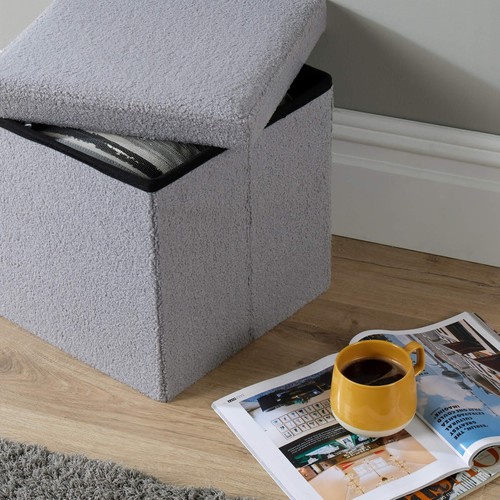 Pecho otomano plegable gris Boucle tela de oso de peluche caja cuadrada de almacenamiento sólido - Imagen 3 de 7