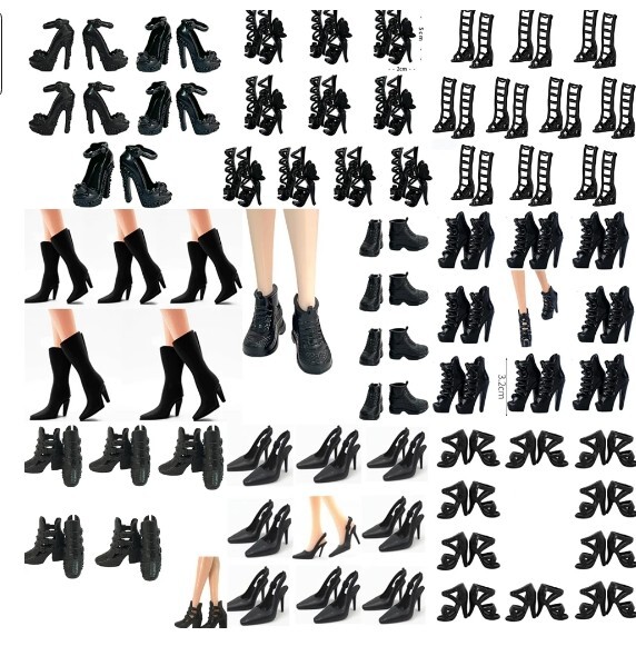 10 pairs of All Black Shoes for Fashion Dolls