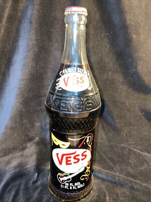 Vintage Vess ACL Soda Pop Bottle, Guitar & Mask Design, 24 Fl. Oz Full Rare