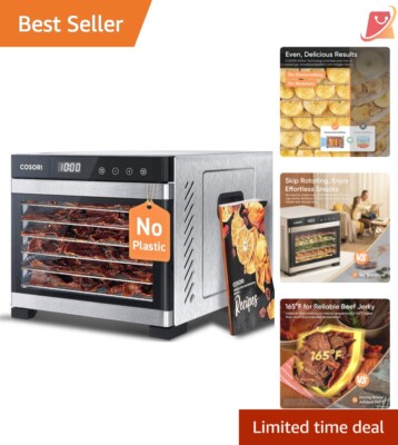 Food Dehydrator Stainless Steel 6 Trays 600W Large Drying Space for Jerky