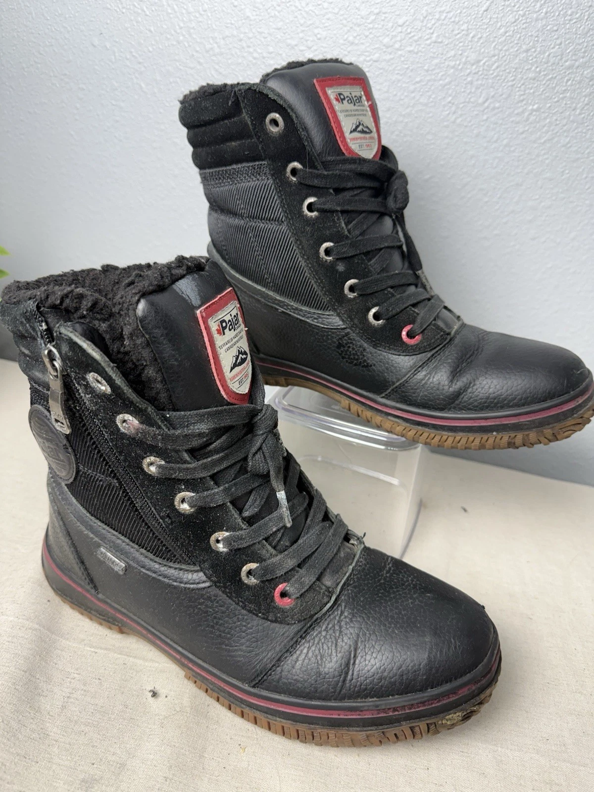 Mens Pajar Canada Faux Fur Lined Lace Up Zip Black Waterproof Winter Boots Sz 9