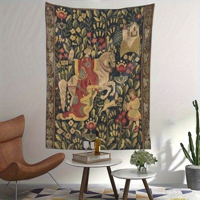 1pc Medieval Knight Tapestry - Knights, Castle & Floral Motifs in Dark Green, Go