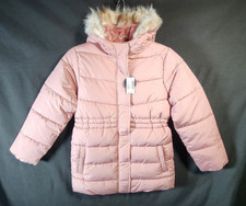 The Childrens Place Girls Puffer Jacket Large 10/12 Pink Faux Fur Hood NWT