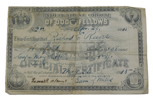 1915 Cape May City New Jersey Independent Order of Odd Fellows $2.00 Payment