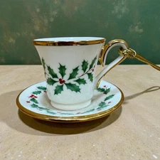 Vtg Lenox Teacup Cup Saucer Christmas Tree Ornament Holly Berry 2 1/2" x 1 3/4"