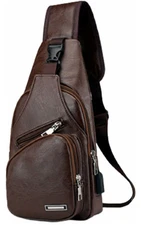 Men's Leather Sling Bag Multipurpose Daypack Shoulder Chest Crossbody Bag Brown 