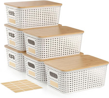 6Pcs Storage Bins with Lids, Stackable Plastic Storage Basket with Bamboo Lid, P