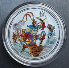 2016 YEAR OF THE MONKEY COLORIZED AUSTRALIA 8 DOLLARS 5 OZ. .999 PURE SILVER