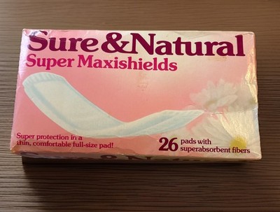 Sure and Natural Super Maxishields Full Size Maxi Pads 26 in box 1980's Prop