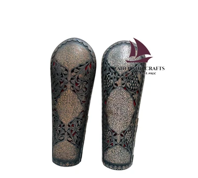 ZAIN Medieval Mughal Arm Guard Pair Silver Koftgari Inlay Islamic Ottoman Style - image 1 of 4