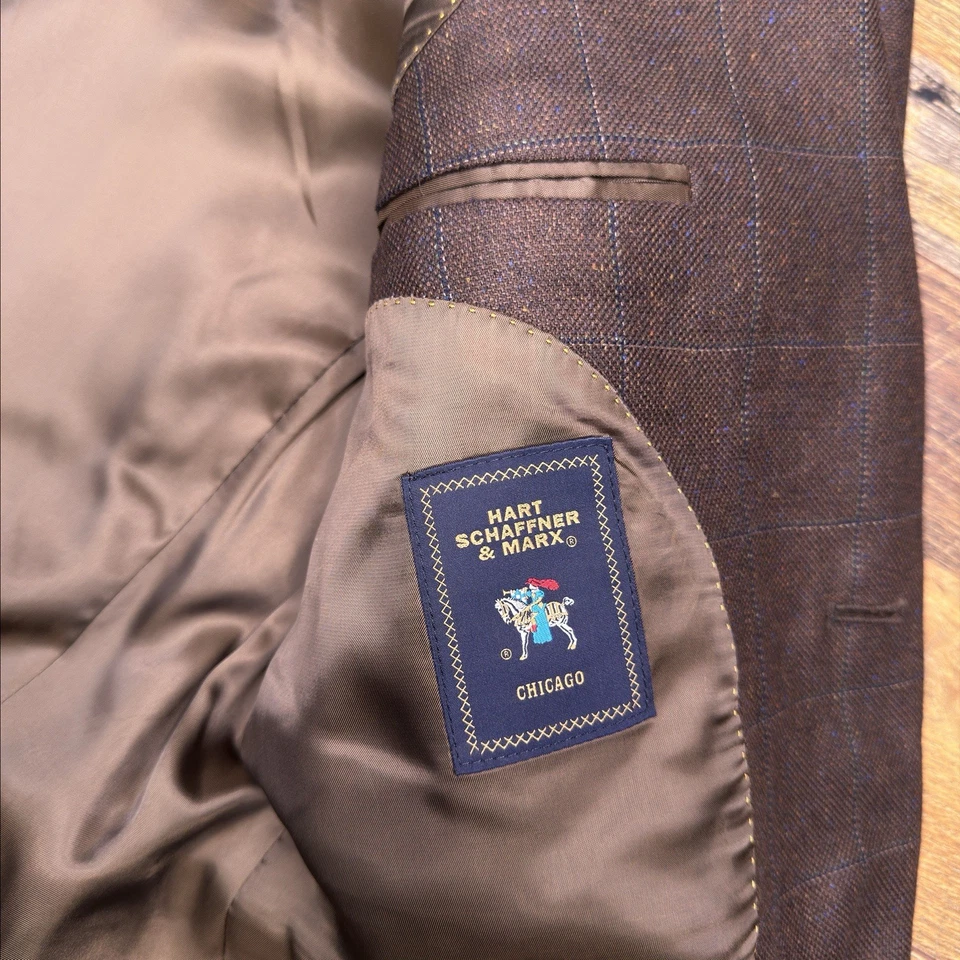 Hart Schaffner Marx Suit Jacket 40 Long Brown Wool Windowpane Silk Wool Blazer - Image 4 of 4