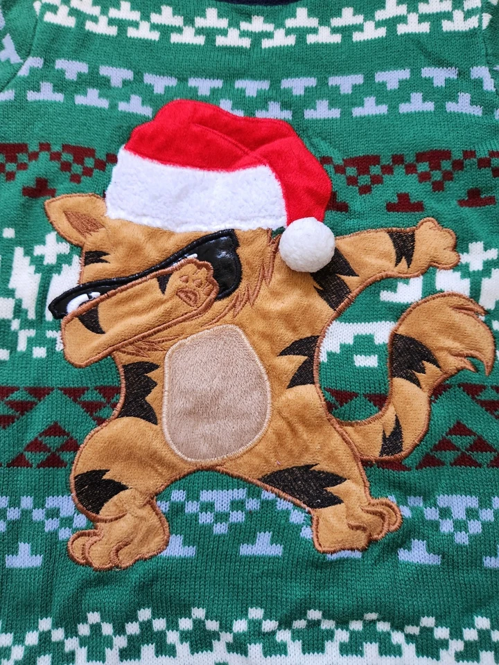 Suéter Dab Holiday Time Ugly Christmas Cat listra verde malha infantil tamanho XL 14-16 - Imagem 2 de 4