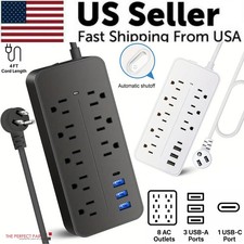 US Power Strip Surge Protector 8 AC Outlets 3 USB Ports Type C Port 4 FT Cable