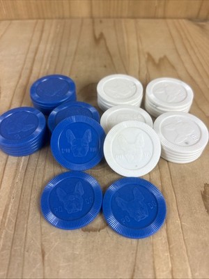 Vintage 1950s Peau Doux PO DO Boston Terrier Poker Chips Set Of 39 Blue White
