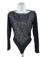 Feel Good Paris Women's Black Sheer Textured Front Long Sleeve Bodysuit - M