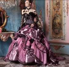 Gothic Black Pink Wedding Dresses Off Shoulder Long Sleeves Vintage Bridal Gowns