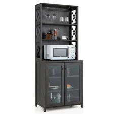 Tall Freestanding Bar Cabinet Kitchen Buffet w/ Glass Holder & Adjustable Shelf