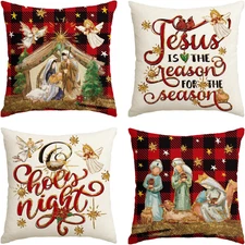 Christmas O Holy Night Jesus Cardinal Buffalo Plaid Throw Pillow Covers, 18 X 18