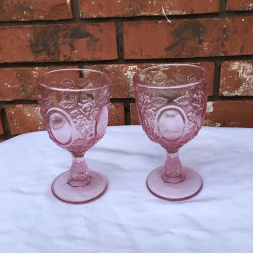 Vintage Pink Depression Glass Goblets With Embossed Rose Design Set Of 2