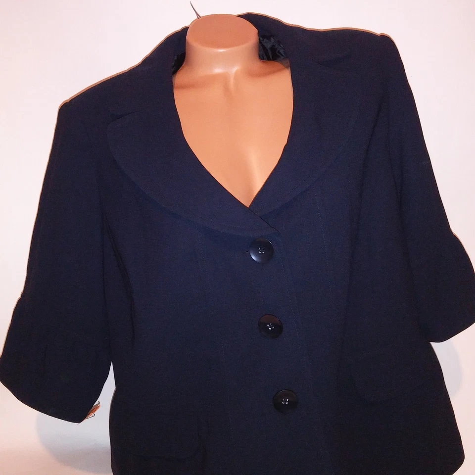 Dressbarn Woman Blazer Jacket Size 18W Navy Blue Short Sleeve Button Front Lined - Image 4 of 4