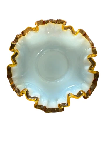 Vintage Candy Dish Bowl Ruffled Rim 6" Fenton Amber Gold Crest White Milk Glass
