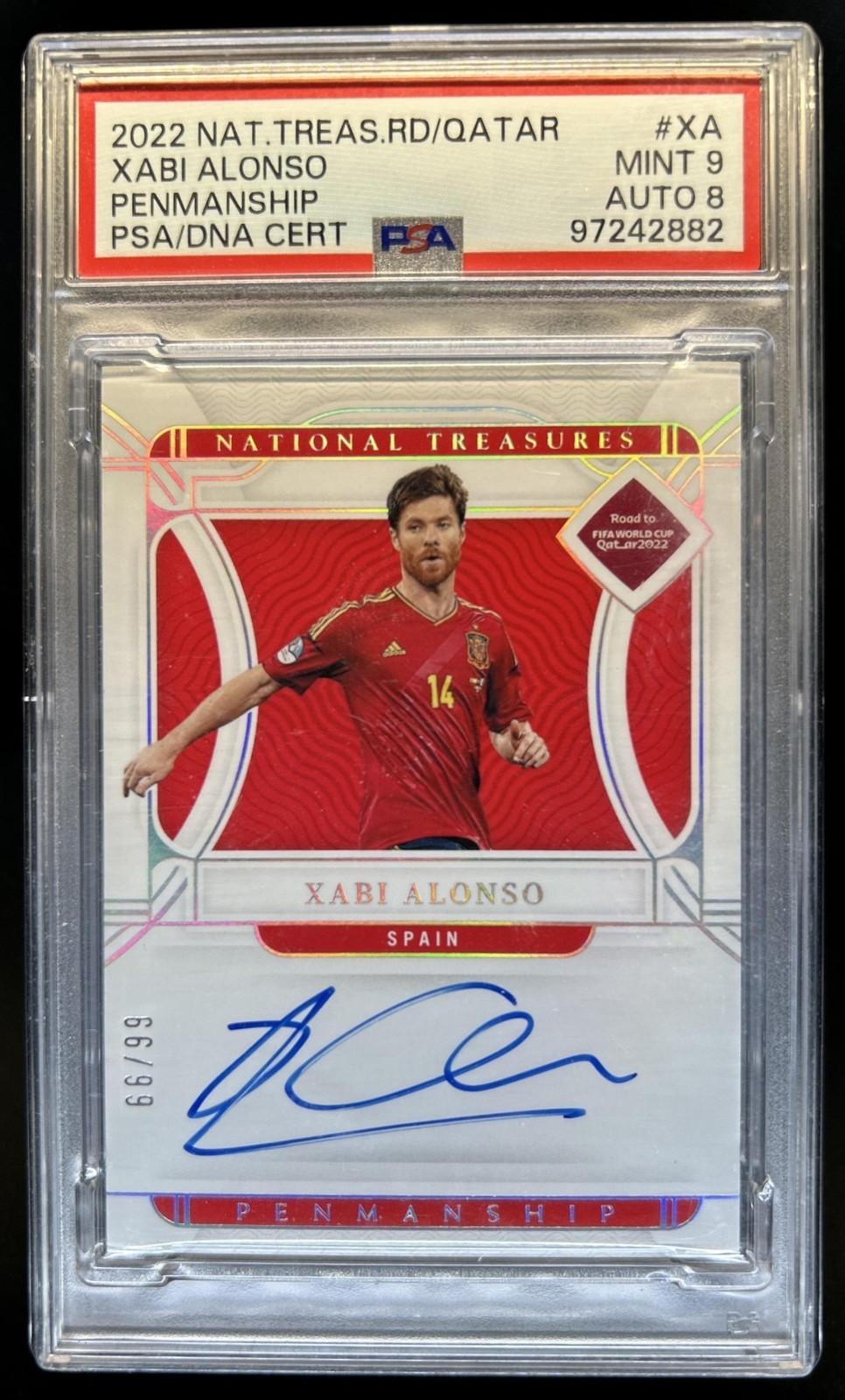 2022-23 National Treasures World Cup Xabi Alonso Penmanship Auto #/99 PSA 9 8