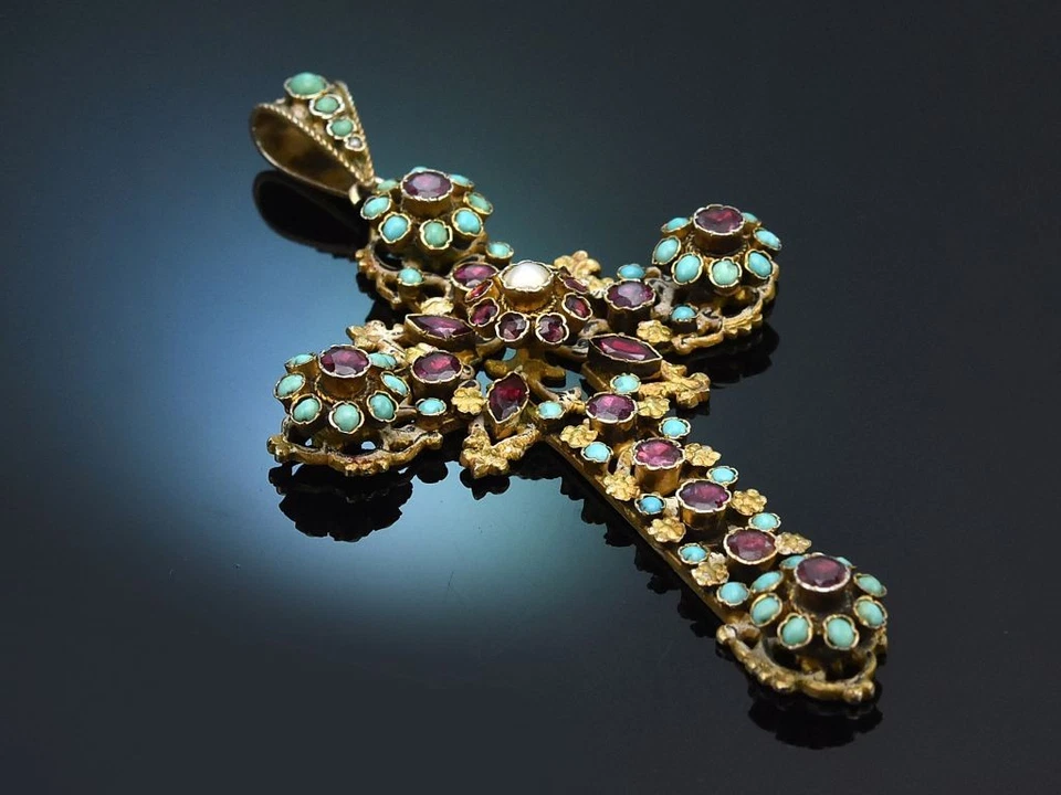 KREUZ ANHÄNGER AUS SIEBENBÜRGEN TÜRKIS GRANAT SILBER UM 1880 MIT ORIGINAL ETUI - Bild 3 von 4