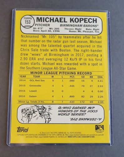 Michael Kopech 2017 Heritage Minors Gold 5x7 Prospect RC #2/10 Rare Rookie #153 - Picture 4 of 5