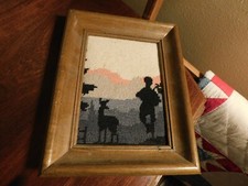 Hand Sewn Needlepoint Picture Boy and Deer Vintage 7 x 9"
