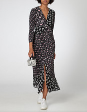 RIXO Chelsea Dress Black Pink Floral Print Silk Crepe Micro Bunch Midi Long Sz M