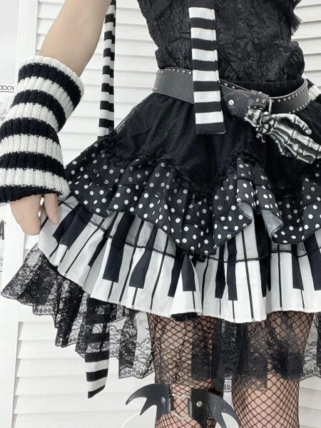 Harajuku Y2k Punk Piano Key Wave Dot Lace Skirt Japanese Gothic