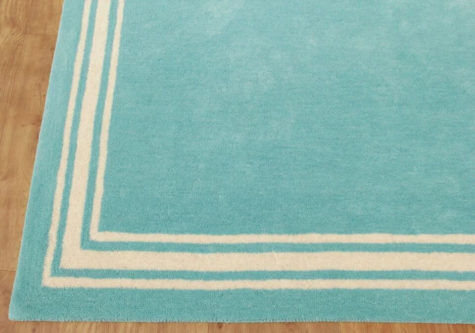 Hand Tufted Classic Border Aqua Blue  Handmade Woolen Soft Area Rugs - Image 2 of 4