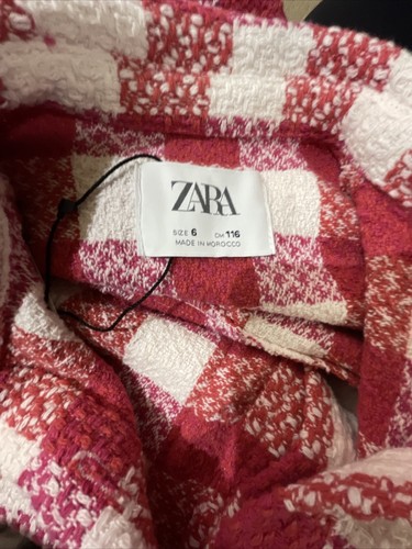 Zara Girls Woven Checked Button Jacket Shacket Pink Salmon White Size 6 NWT - Picture 7 of 10