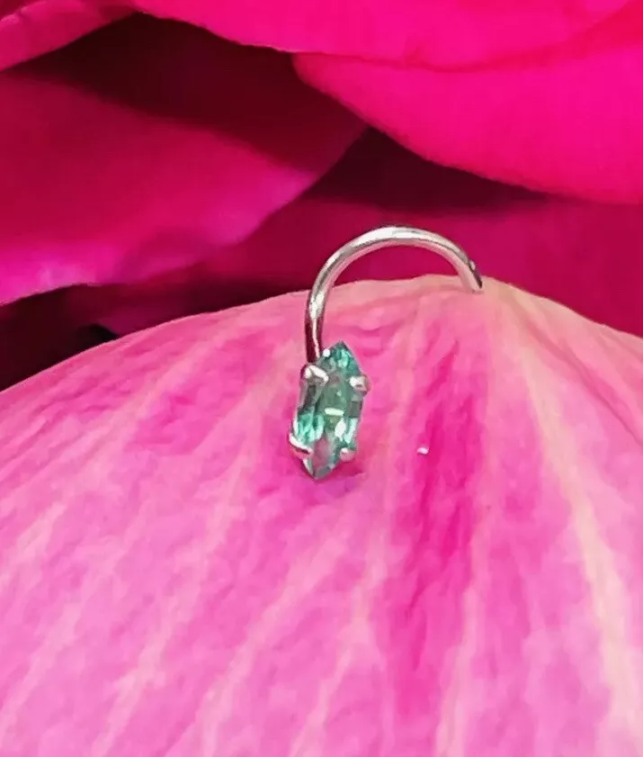 4x2mm Natural Emerald Marquis Solid 14K White Gold Nose Ring Curved Stud 22g