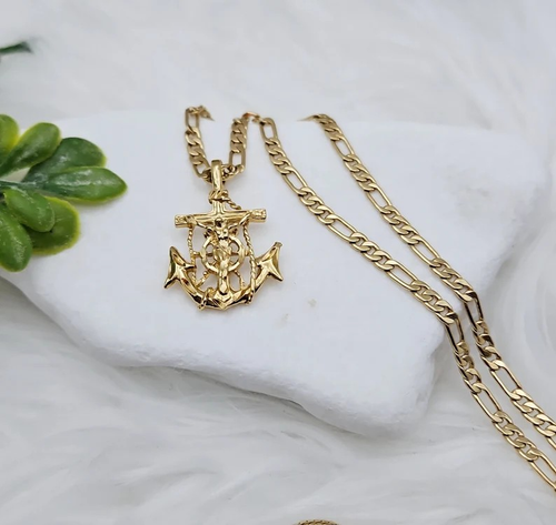 Ciondolo Crocifisso Ancora Oro con Catena Figaro Tonda 4mm, Oro Placcato Pesante 14k - Foto 8 di 12