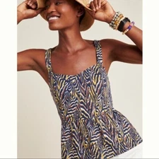 Brand New Size S ANTHROPOLOGIE Animal Peplum Strappy Top BNWT Summer Navy Gold