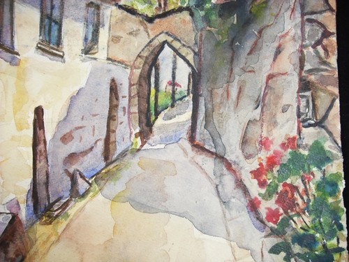 R Hickisch Watercolor Drawing C1960 Falicon Street Provence Nice Côte D'Azur - Picture 2 of 4