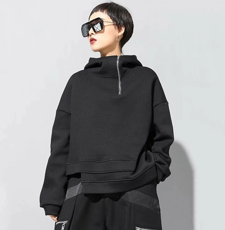 Black Soft Sweater Zip Funnel Neck  Arty Urban Chic  Hoody Sweater Top  10 12 - Image 2 of 4