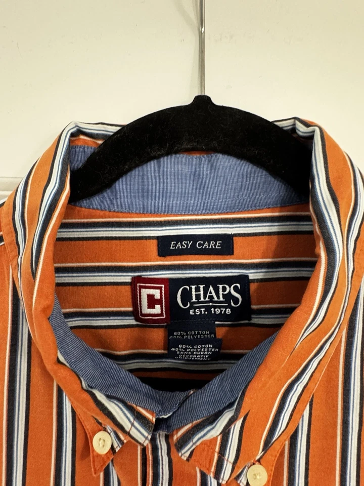 Chaps Button Down Shirt Mens XLarge Long Sleeve Easy Care Orange/Blue Striped - Image 3 of 4