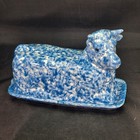 Cow Shaped Butter Dish Speckled Blue & White w/Lid Country Spongeware Unbranded