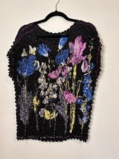 Vintage 90s Floral Magic Popcorn Expanding Black Top M