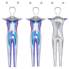 Kids Girls Jumpsuit Outer Space Set Hair Hoop Costume Silver Bodysuit Cosplay