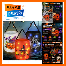 Halloween Trick or Treat Bags with LED Lights 3 Pack Light Up Buckets, Candy