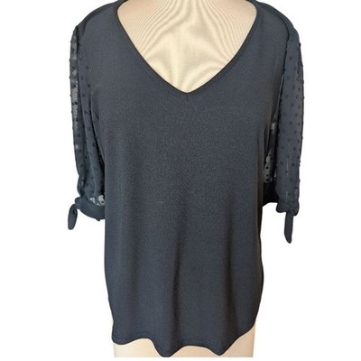 CeCe Black Swiss Polka Dot Tie Sheer Sleeve V-Neck Blouse Top Womens L Office