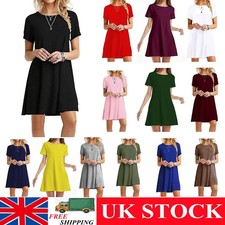 Womens Ladies Summer Short Sleeve Swing Dress Casual Loose Mini T-Shirt Dress UK