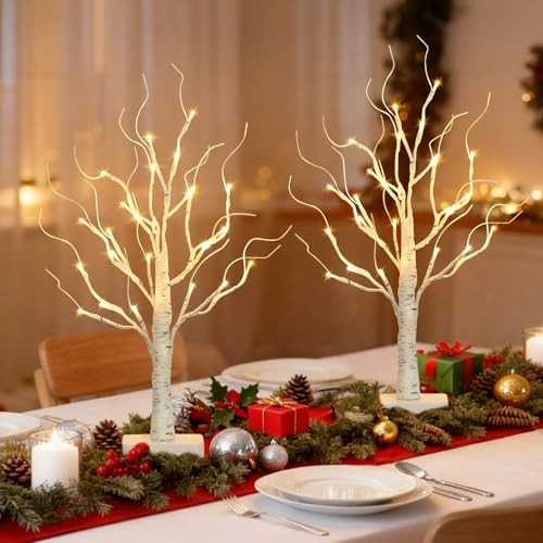  2 Pcs Lighted Birch Tree Battery Powered Tabletop Tree White Birch Tree -2